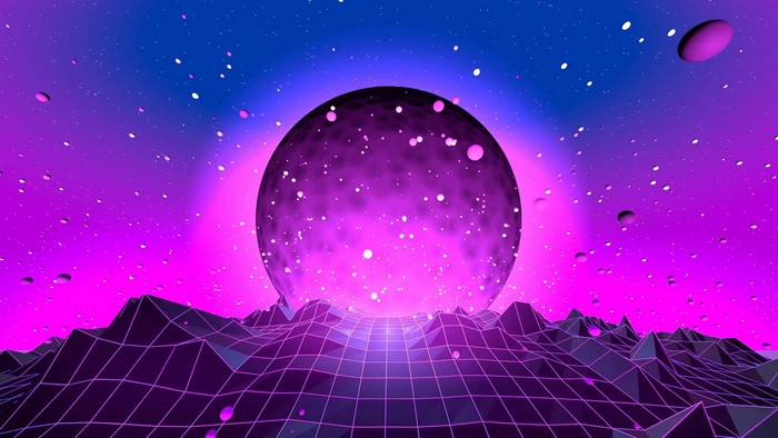 Retrowave landscape with neon planet and grid mountains