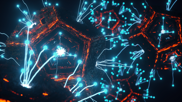 Abstract 3D render with blue lights and orange glow