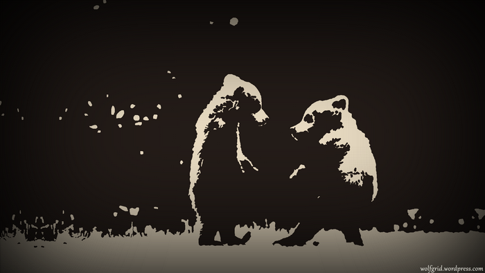 Two bears standing in a dark, abstract environment