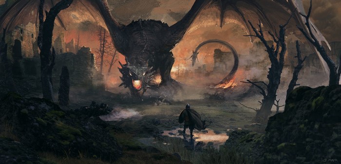 Dragon Confrontation with Knight in Ruined Castle