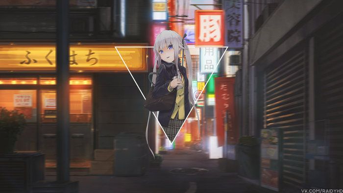 Anime girl with long hair in a city at night
