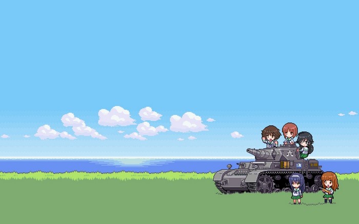 Girls und Panzer characters on a Panzer IV tank