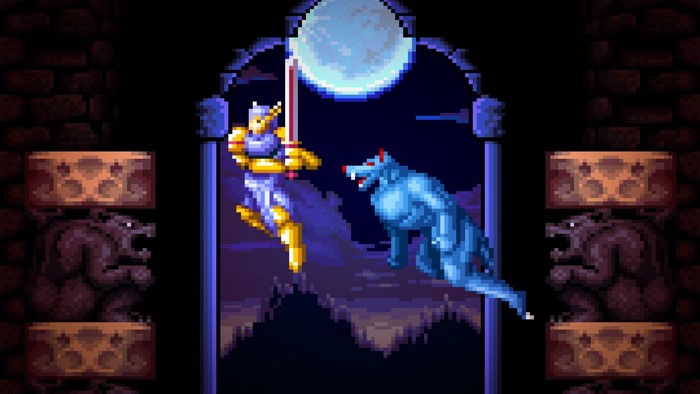 Knight fighting a werewolf under a full moon