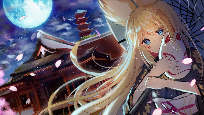Anime girl with fox mask and kimono under moonlight