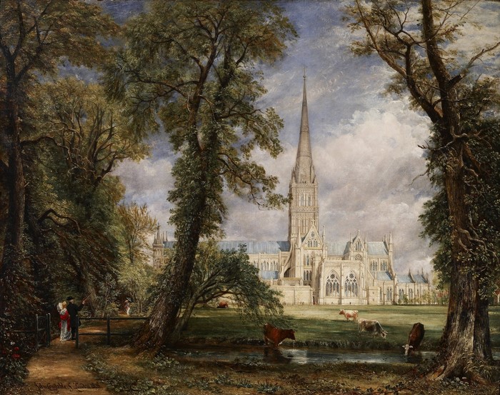 Salisbury Cathedral with Cows in a Park