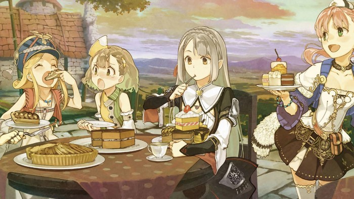 Anime girls eating cake from Atelier Escha & Logy
