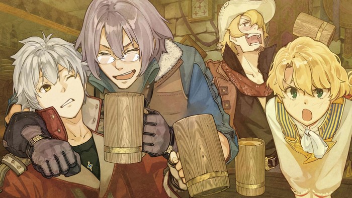 Four young men toasting with mugs in a tavern