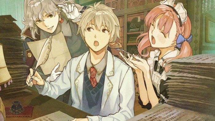 Escha & Logy: Alchemists of the Dusk Sky characters at a desk