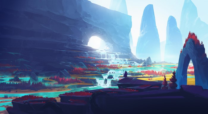 Fantasy landscape with waterfalls and a lone figure