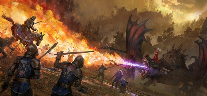 Knights battle a dragon breathing purple fire amidst a conflagration