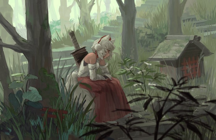 Inubashiri Momiji from Touhou sitting in a forest