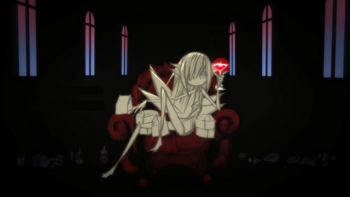 Oshino Shinobu from Monogatari Series sitting on a throne
