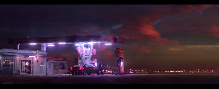 Wolverine at a gas station at dusk