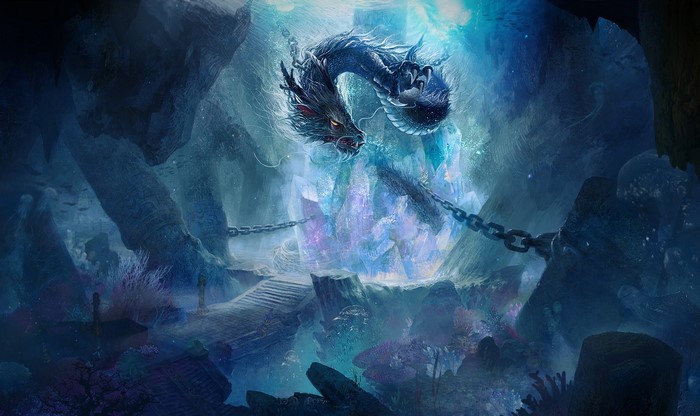 Blue dragon chained to glowing crystals in a cave