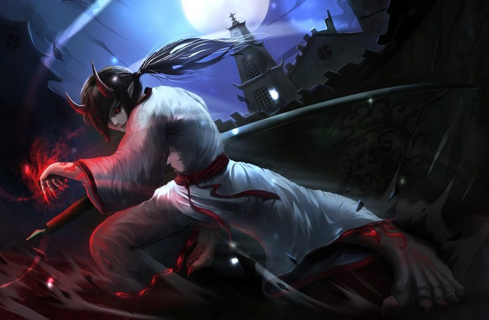 Demon with horns and red eyes in a white robe