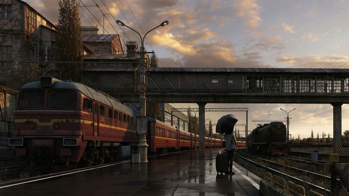 4K digital art of a woman at a train station