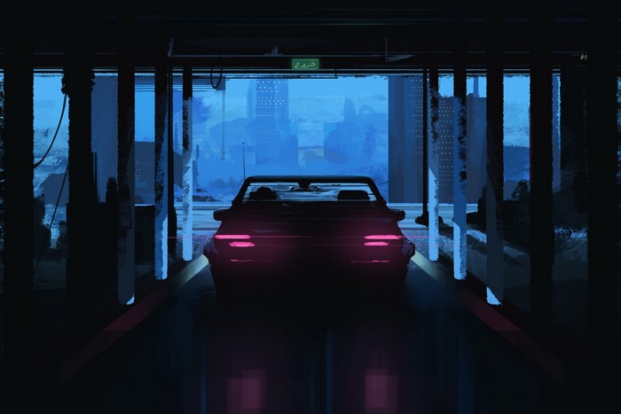 Car with glowing taillights in a dark garage