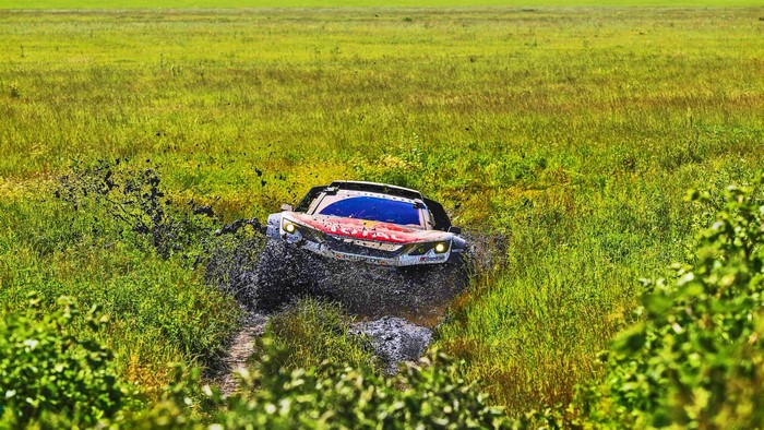 Peugeot rally car driving through mud and grass