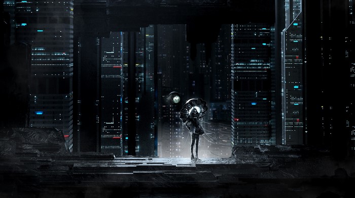 Dark futuristic cityscape with a lone figure