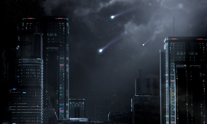 Futuristic cityscape at night with falling stars