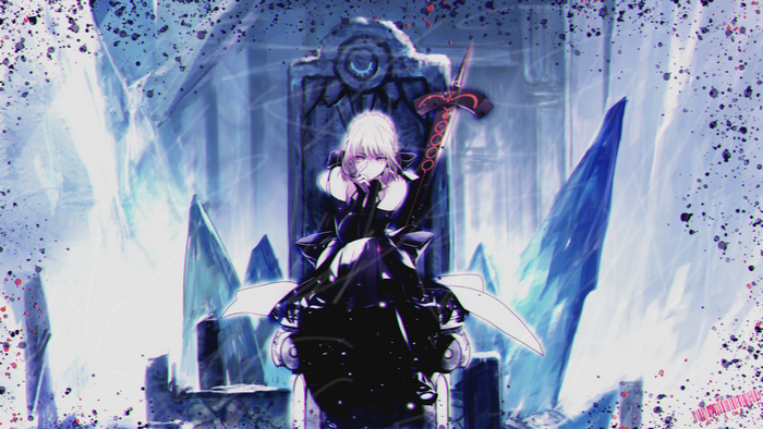 Saber Alter from Fate/Grand Order sitting on a throne