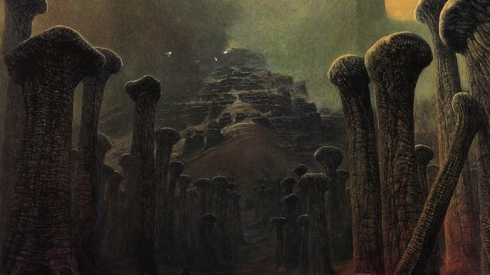 Surreal landscape with bone-like structures and a rocky mountain