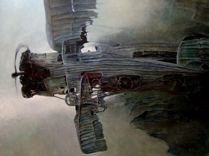 Surreal Aircraft in a Gloomy Dreamscape by Zdzisław Beksiński