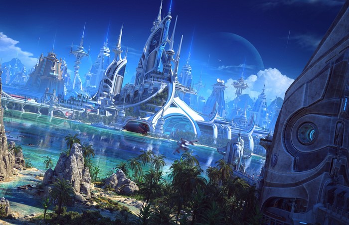 Futuristic city on a planet with a large moon