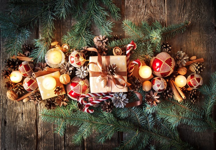 Christmas decorations on a wooden table