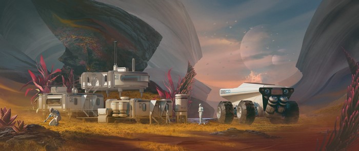 Astronauts on an alien planet with a rover