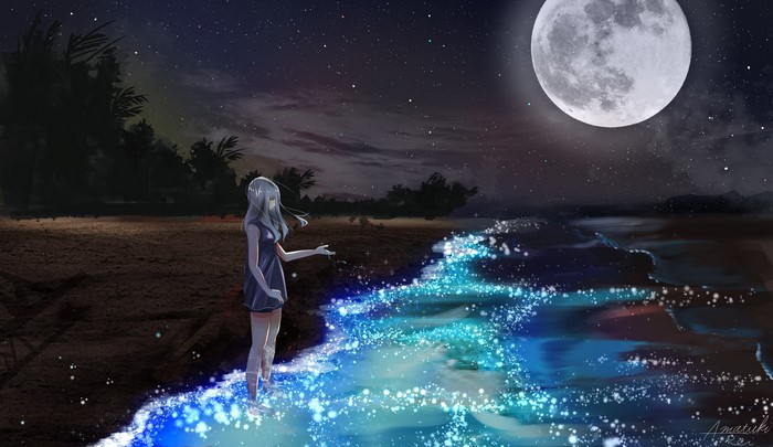 Anime girl on a beach under the moon