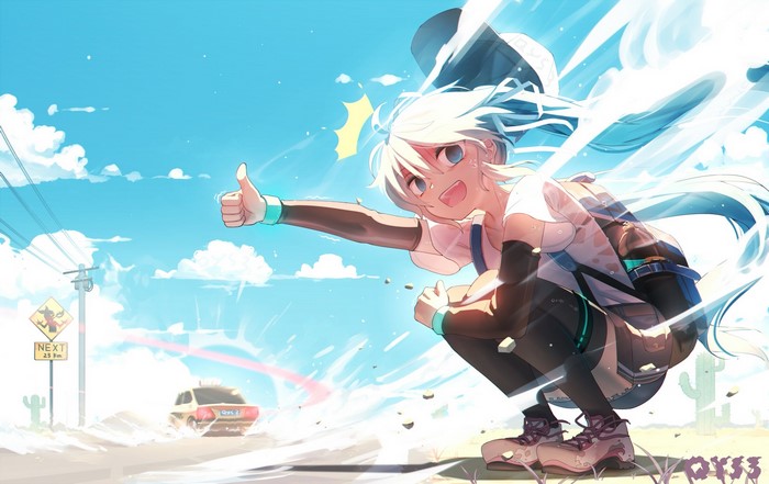 Hatsune Miku hitchhiking by the road