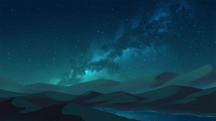 Desert landscape under a starry night sky