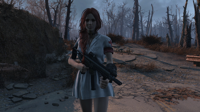 Woman in nurse outfit holding a gun in Fallout 4