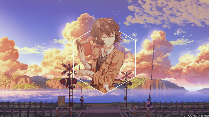 Anime character reading a book with a sunset sky