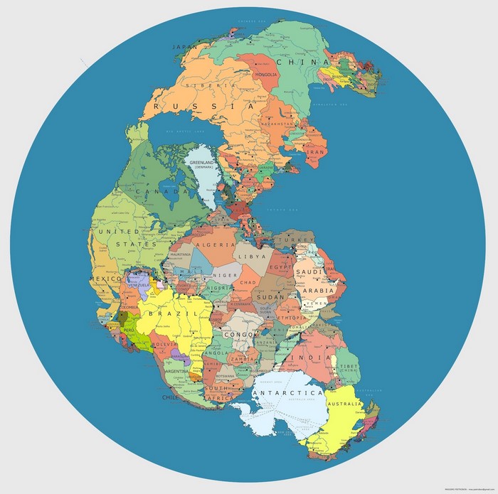 Pangea map with modern country borders