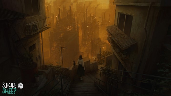Woman and cat in industrial city