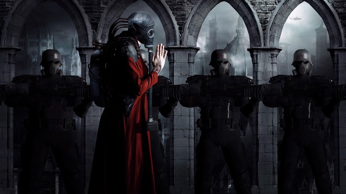 Figures in gas masks and red robes in gothic architecture