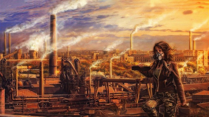 Woman with gas mask in polluted industrial city