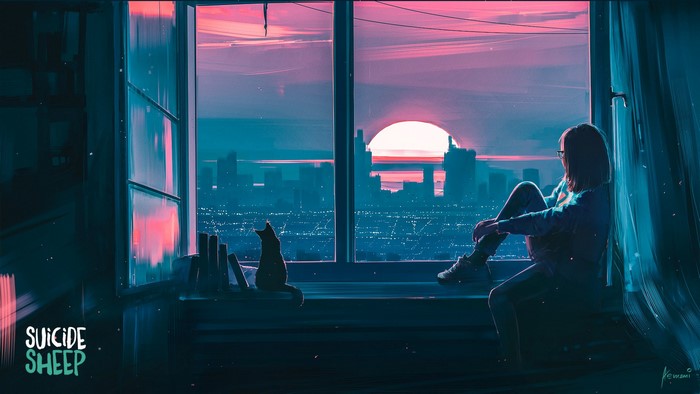 Woman and Cat Watching Sunset Over City from Window