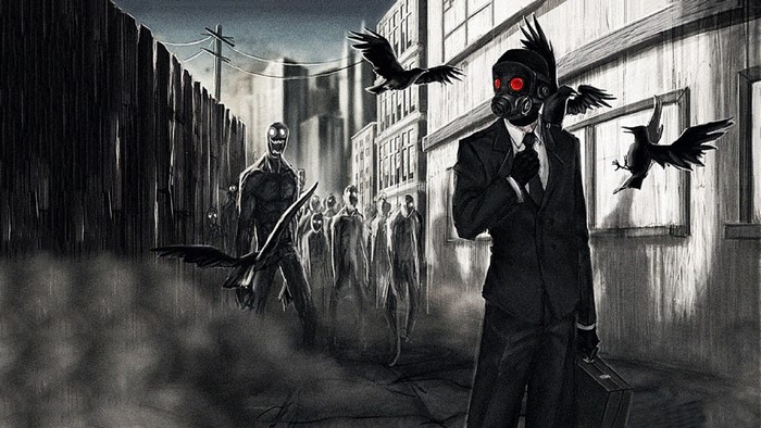 Man in gas mask and suit with crows and zombies