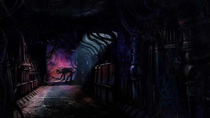 Dark futuristic industrial corridor with creature