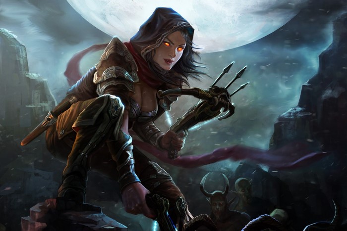 Fantasy art of a hooded woman with glowing eyes holding a crossbow