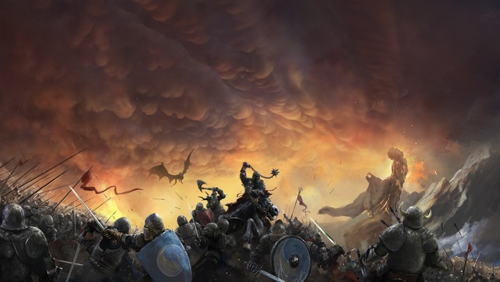 Fantasy battle with knights, dragons, and a giant creature
