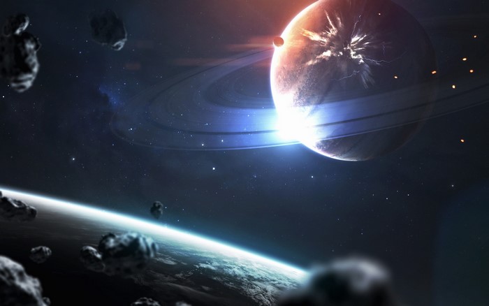 Space art with planets and asteroids