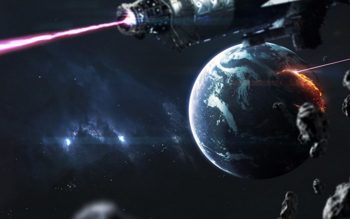 Space battle with planet and spaceship