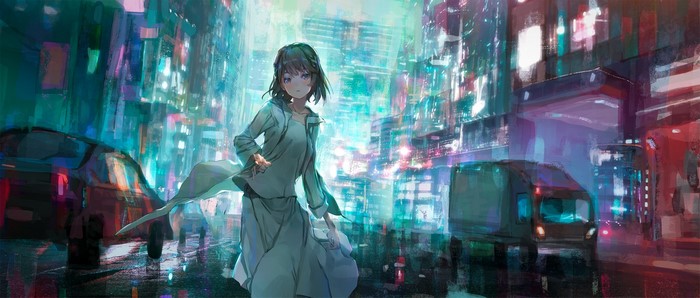 Anime girl walking in a neon-lit city street at night
