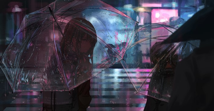 4K Anime Girls Under Rainy Night Umbrellas