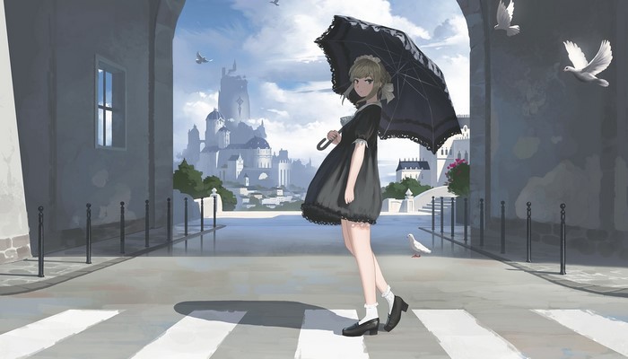 Anime girl with black umbrella in a city