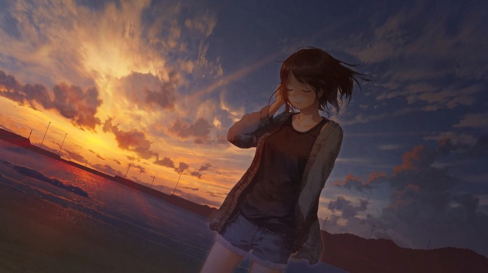 Anime girl on beach at sunset